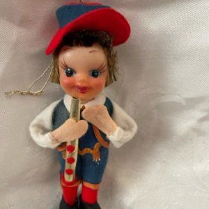 Vintage Boy Doll Ornament blowing Horn Japan 50's-60's-Sweet!